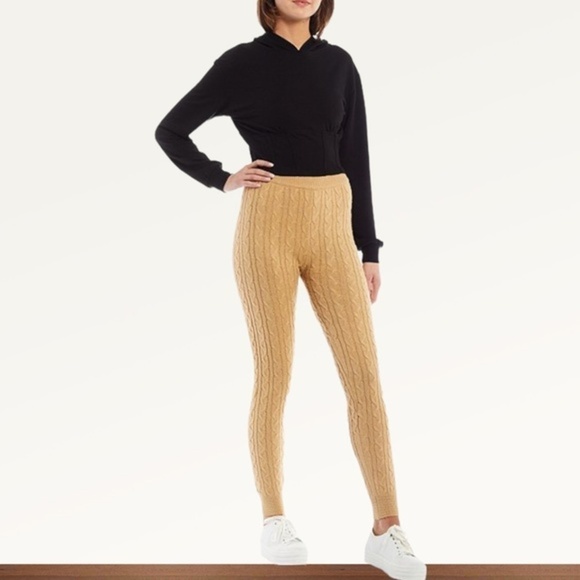 HONEY & Sparkle High Rise Cable Knit Jogger Pants in Camel - Picture 3 of 11
